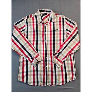 Ecko Unltd Mens Plaid Button Down Shirt Red Black Tan White XL Cotton
